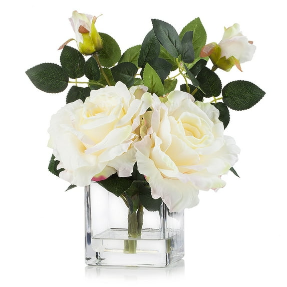 Enova Home Artificial 3 Large Silk Roses Flowers Arrangement in Clear Glass Vase with Faux Water For Home Garden Decoration (Peach)