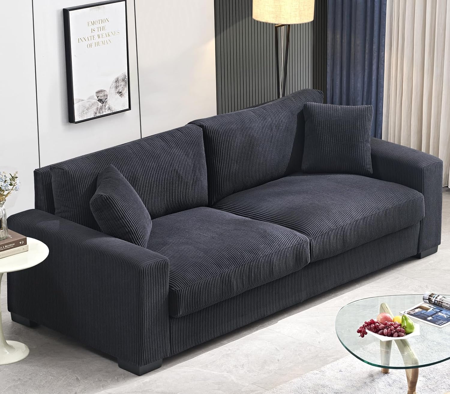 US Pride Furniture Luxe Living Room Sofa with Soft Corduroy Upholstery and 2 Toss Pillows Ample and Cozy 3 Seater Couch W89xD40.2xH31.9 Black