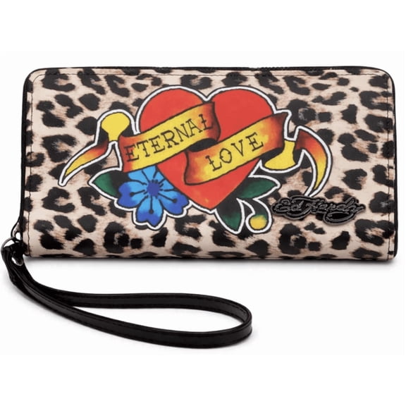 Ed Hardy Women’s Leopard Print Zip Around Wristlet Wallet with Eternal Love Heart Graphic (Wild Love Leopard)