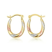 14K Tri Color Gold Striped Oval Hoop Earrings