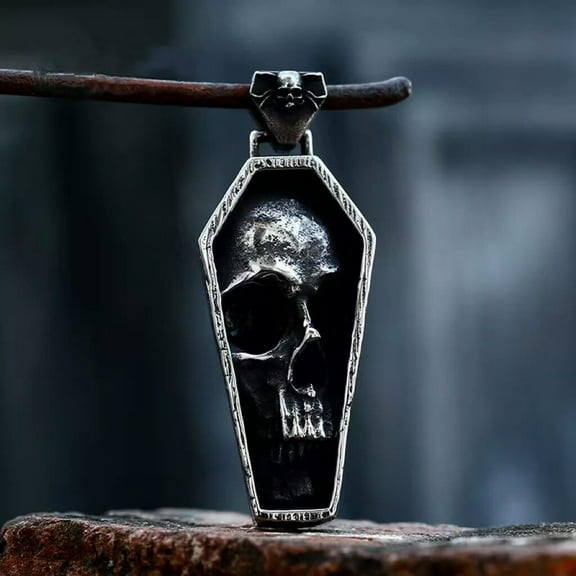 HOOUN Men Gothic Retro Skull Coffin Pendant Necklace Biker Jewelry Stainless Steel 24"