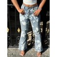 thumbnail image 2 of Women’s Mid Waisted Floral Flare Jeans Light Wash Denim with White Flower Print Stretchy Trendy for All Seasons, 2 of 6