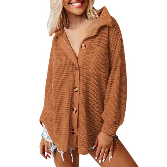 Letdown Womens Waffle Knit Shacket Jacket Casual Long Sleeve Button Down Shirts Dressy Blouses Tops Boyfriend Blouses with Pockets Loose Fit
