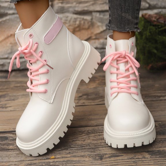 Women's Love Ankle Boots Combat Boots Lace Up Lug Sole Leather Side Zipper Goth Riding Short Booties