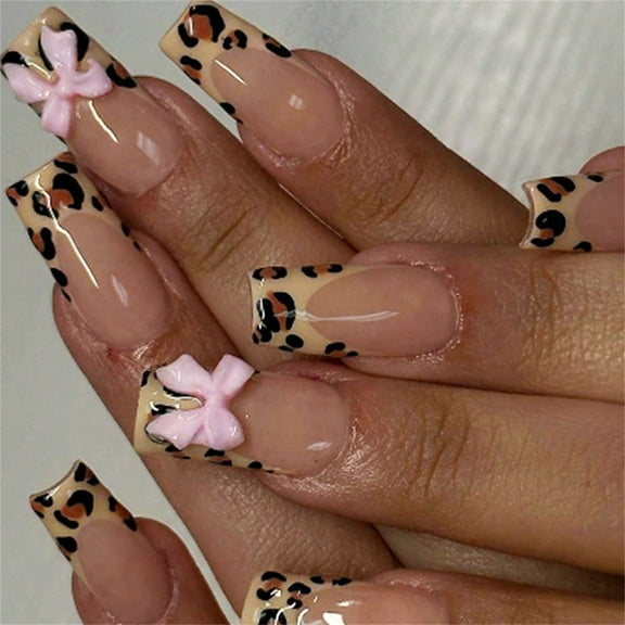 24 Pcs 3D Bows On Nails Glossy French Tip False Nails Leopards Print Acrylic Nails for Woman