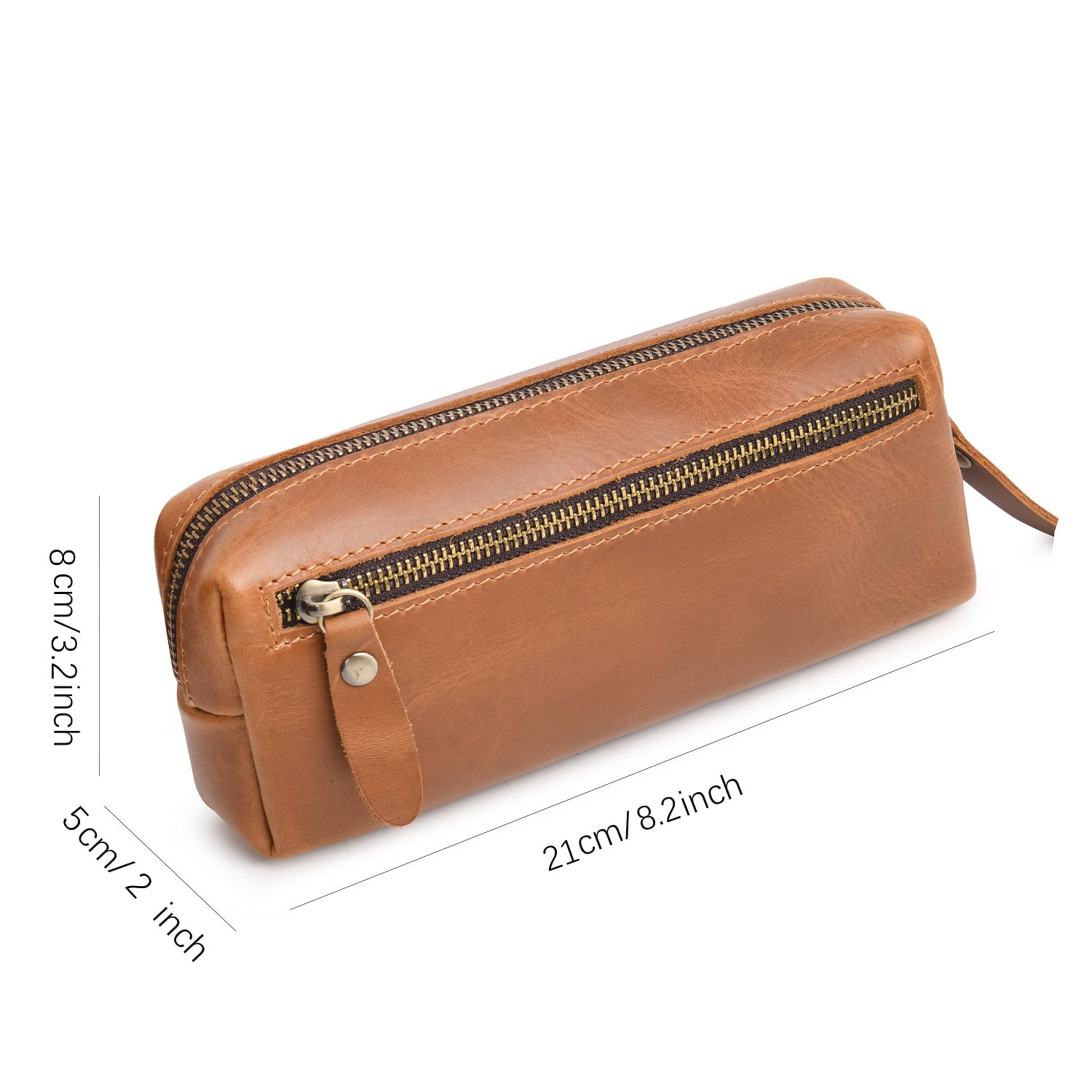 WONDERPOOL Pen Case Real Leather Pencil Pouch Markers Holder Big Capacity Bag with Side Zippered Pocket Sleeve for Stationery Makeup Utensils Organizer (Light brown)