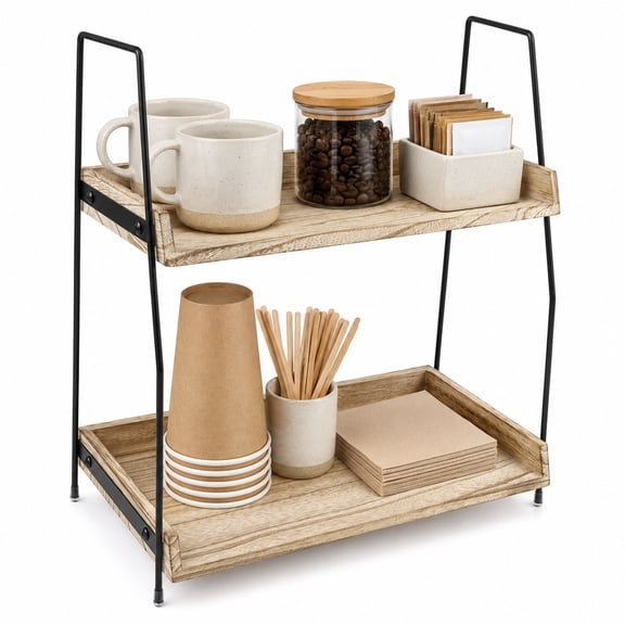 Coffee Station Organizer for Countertop, 2-Tier Coffee Bar Stand with Wooden Shelves & Metal Frame, Storage Rack for Cups, Tea Bags & More
