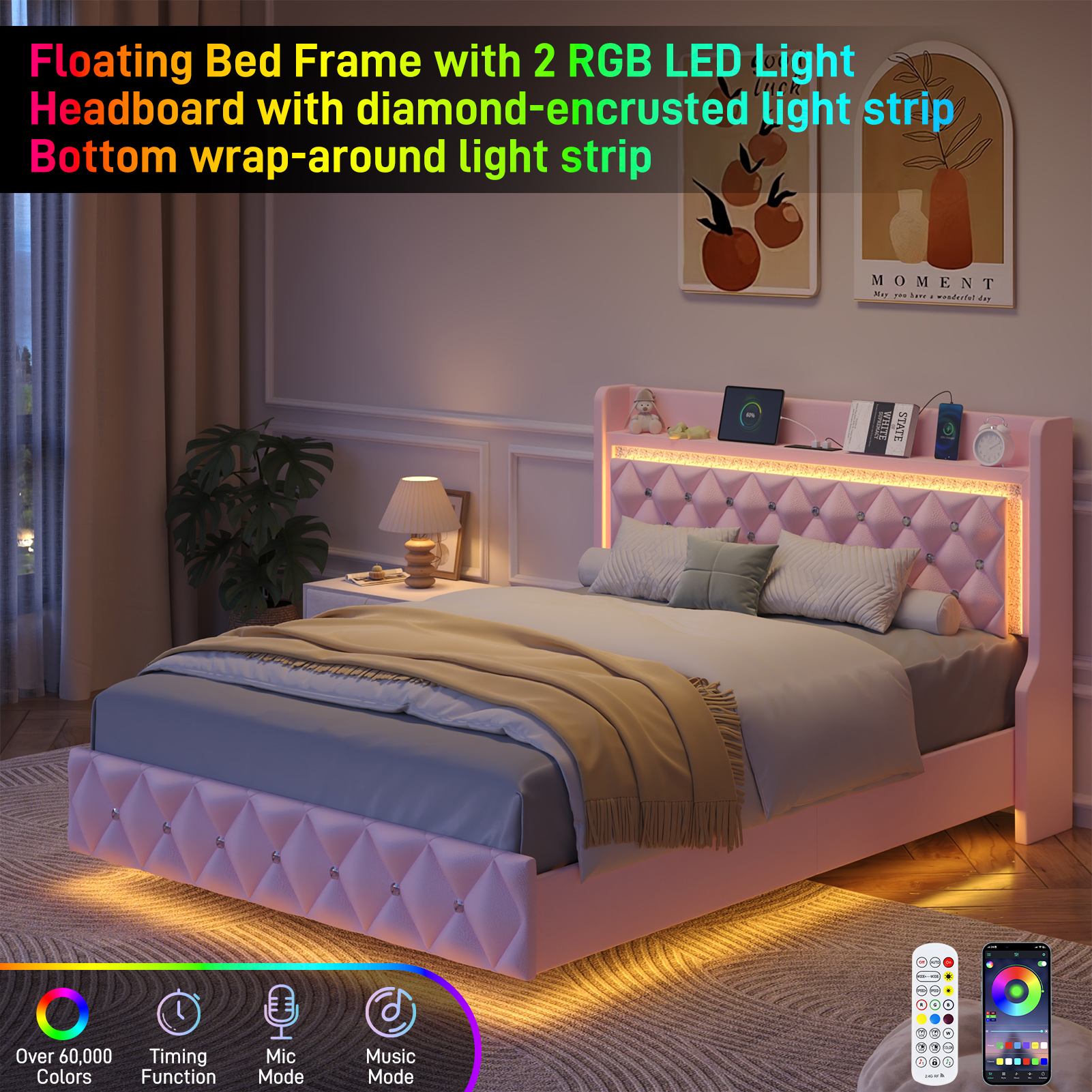 Blotout Floating Queen Bed Frame with LED Lights&Power Outlet, Upholstered Pu Leather Platform Bed with Diamond Tufted Storage Headboard & Footboard, No Box Spring Needed, Noise Free, Pink