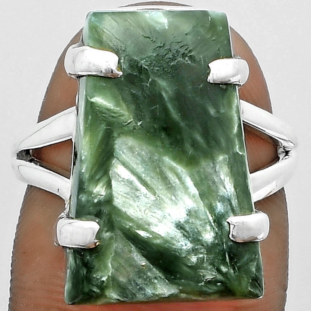 Natural Russian Seraphinite Gemstone Ring Solid 925 Sterling Silver Designer Jewelry Size 10