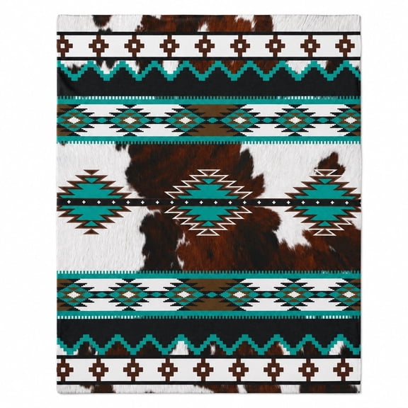 Southwestern Cowhide Print Western Geometric Fleece Throw Blanket, Soft 280 GSM Polyester, Rustic Decor