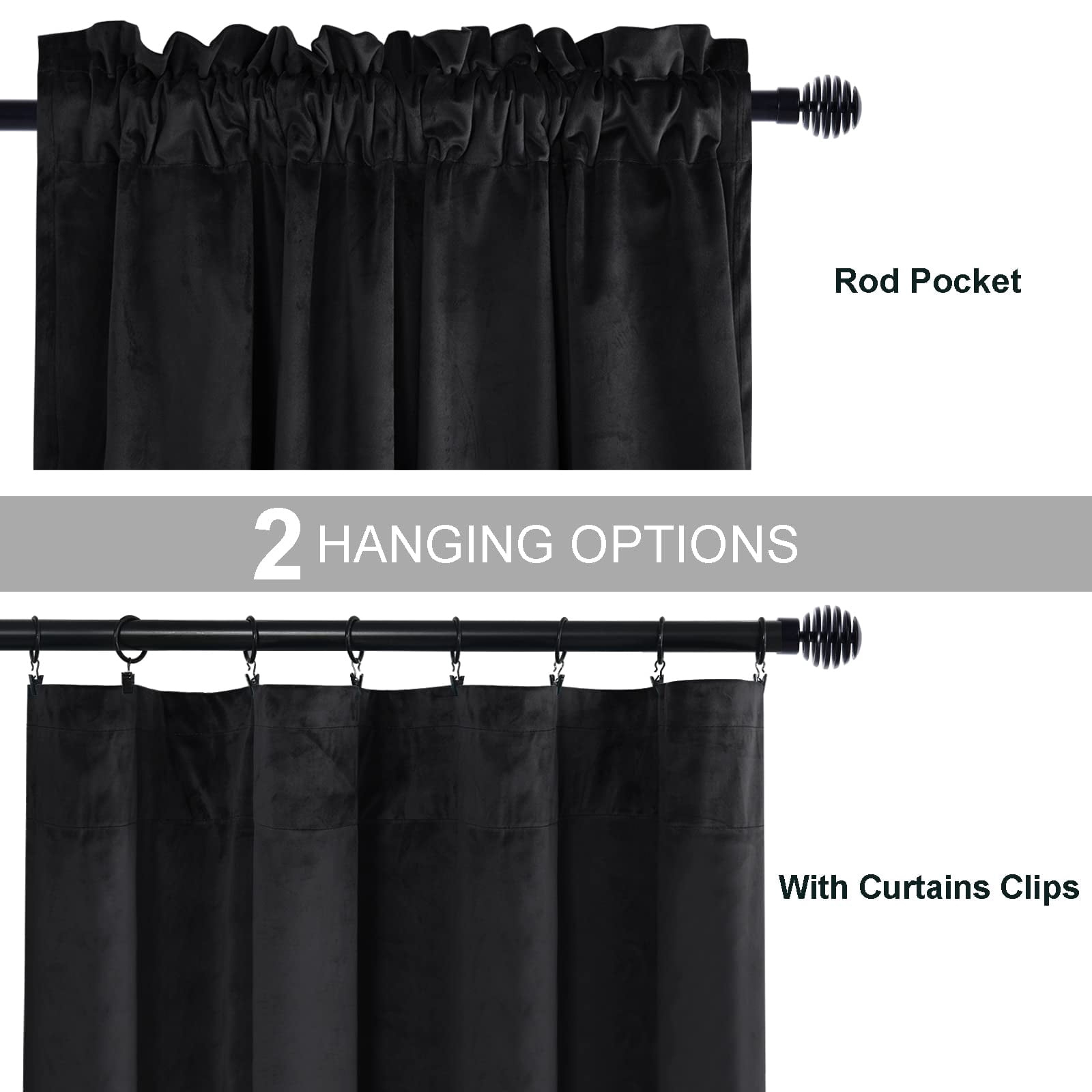 JIUZHEN Extra Long Velvet Curtains 108 inches - Soft Retro Blackout Velvet Drapes Room Darkening Thermal Insulated for Living Room/Gallery, 52W x 108L, 2 Panels with Tiebacks,Black