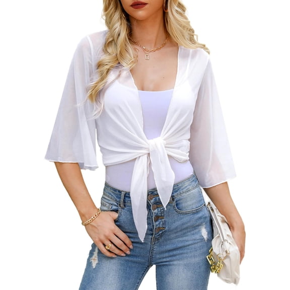 Womens Sheer Shrug Tie Front Bell Sleeve Summer Cropped Bolero Cardigan