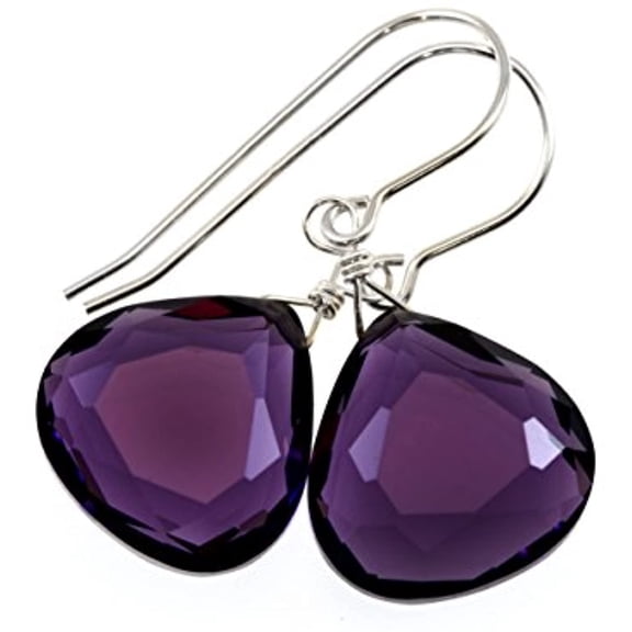 Sterling Silver Deep Purple Simulated Amethyst Earrings Faceted Heart Teardrops Simple Briolette Dangle Drops for Adult Women