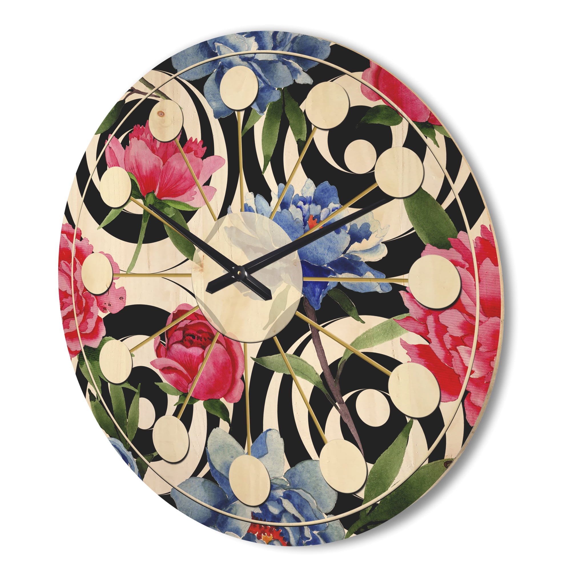 Designart 'Retro Pattern Over Floral I' Mid-Century Modern Wood Wall Clock