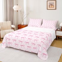 Manfei Princess Pink Bow Full Size Sheets, Cartoon Love Heart Print Bed Sheets, Kawaii Ribbon Bowknot Sheet Sets, Microfiber Bedroom Decor, 4-Piece
