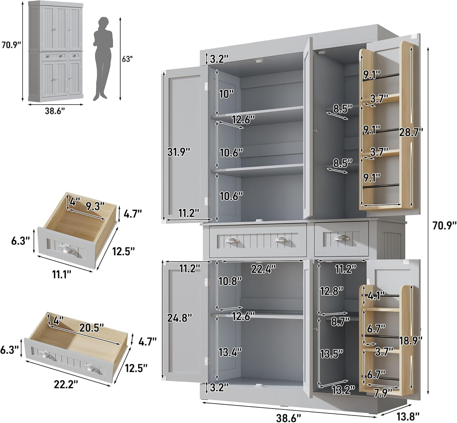 ChVans 71" Tall Kitchen Pantry with 6 Doors, Storage Cabinet with 2 Large Drawer 6 Hanging Shelves, Freestanding Cupboard for Dining Room Living Room