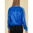 thumbnail image 3 of Womens Long Sleeve Front Zip Track Stripe Sequin Bomber Jacket, Royal Blue, X-Large, 3 of 5