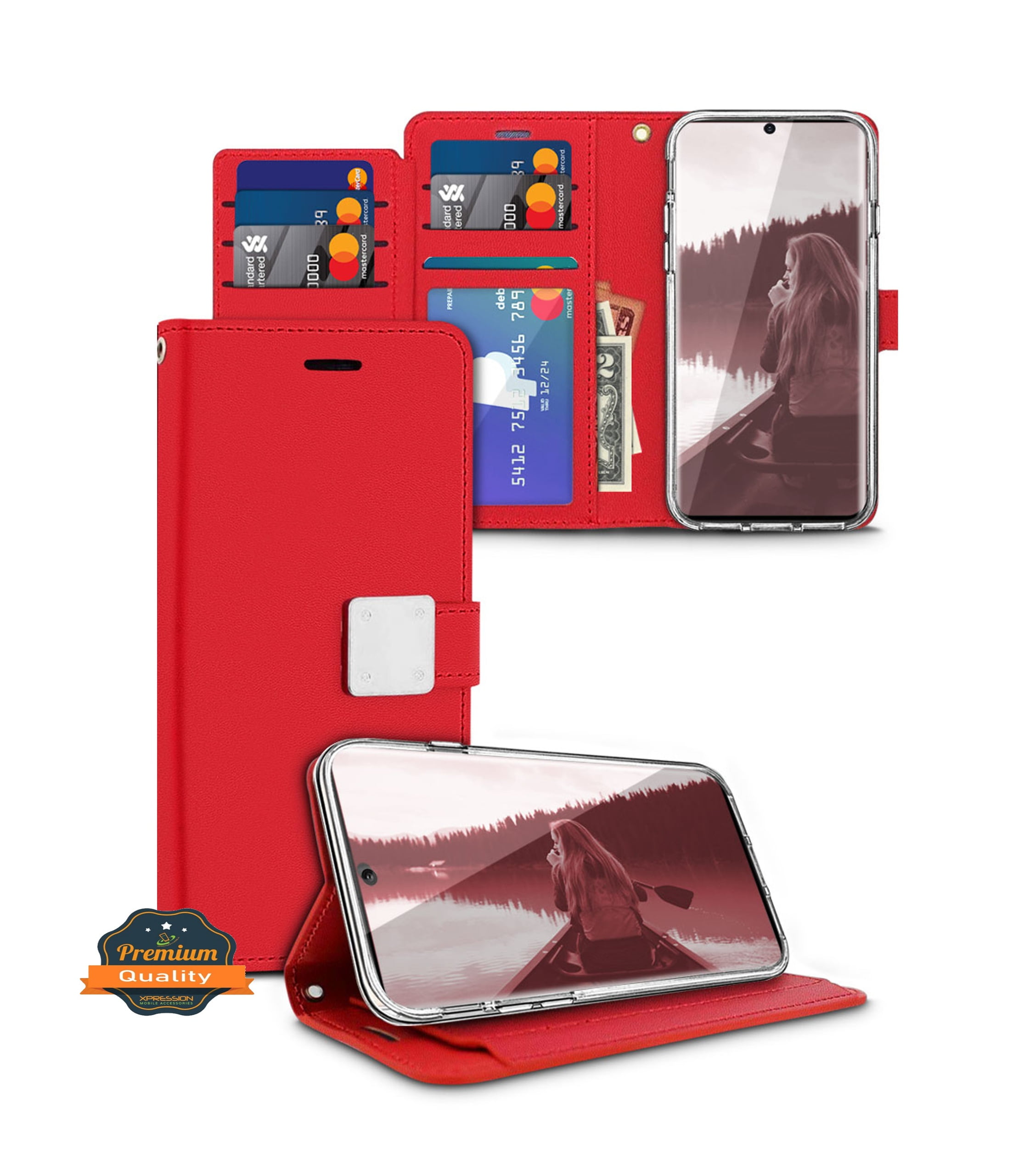 For Motorola Moto G Stylus 5G 2021 PU leather Wallet 6 Card Slots folio with Wrist Strap & Kickstand Pouch Flip Shockproof Phone Case Cover by Xpression [Red]