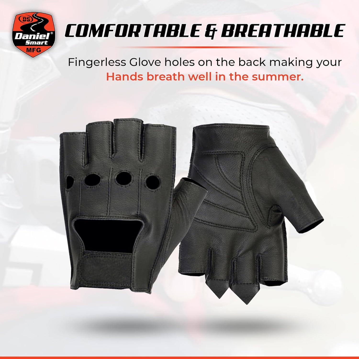 Daniel Smart Men’s Leather Gloves – Naked Goatskin Leather - Fingerless Motorcycle Gloves with Pull Tabs and Gel Palm