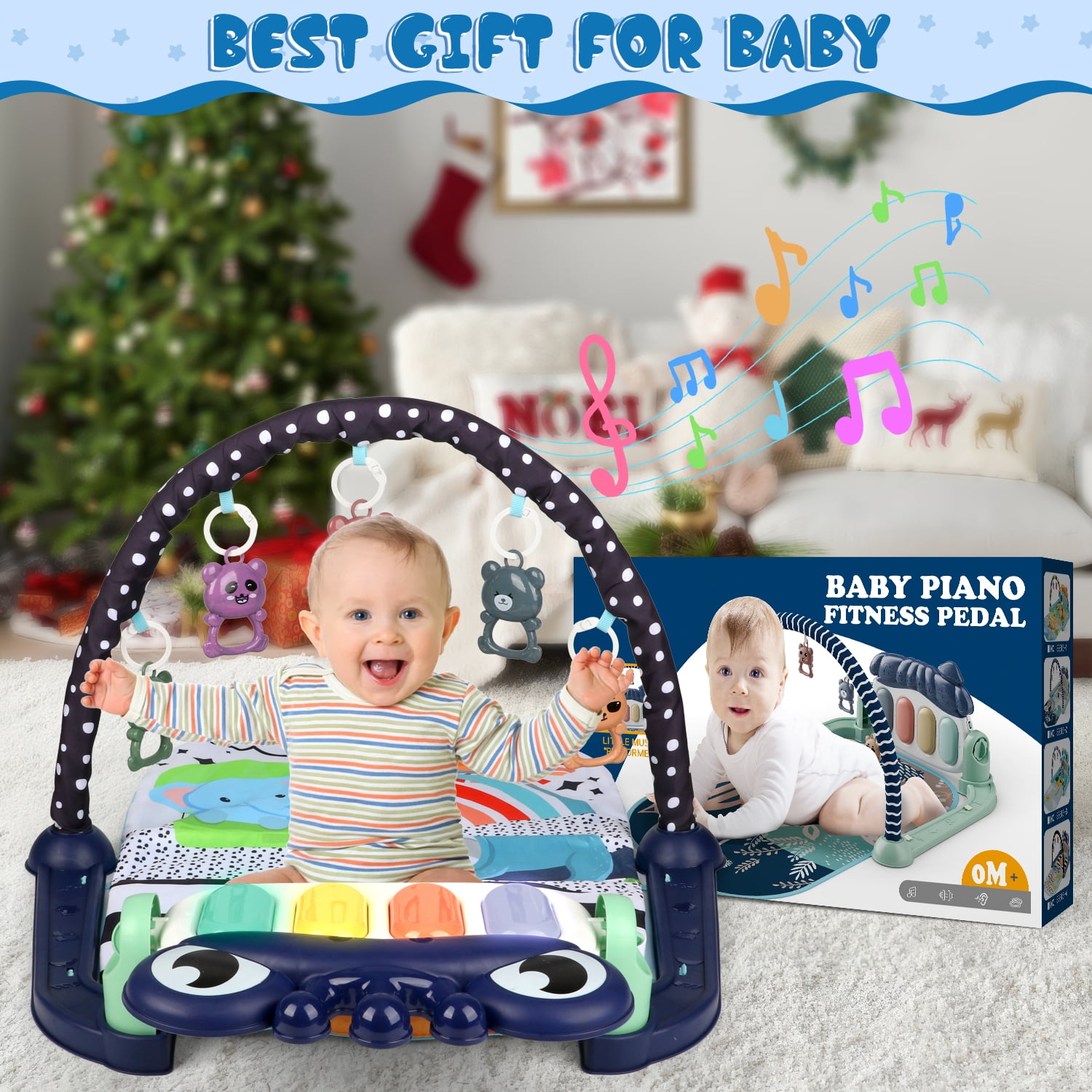 UUSUOO Baby Gym Play Mat,Kick and Play Piano Gym Tummy Time Activity Mat with 5 Infant Sensory Toys,Music and Lights, Boys & Girls Gift for Newborns 0-3-6-9-12 Months
