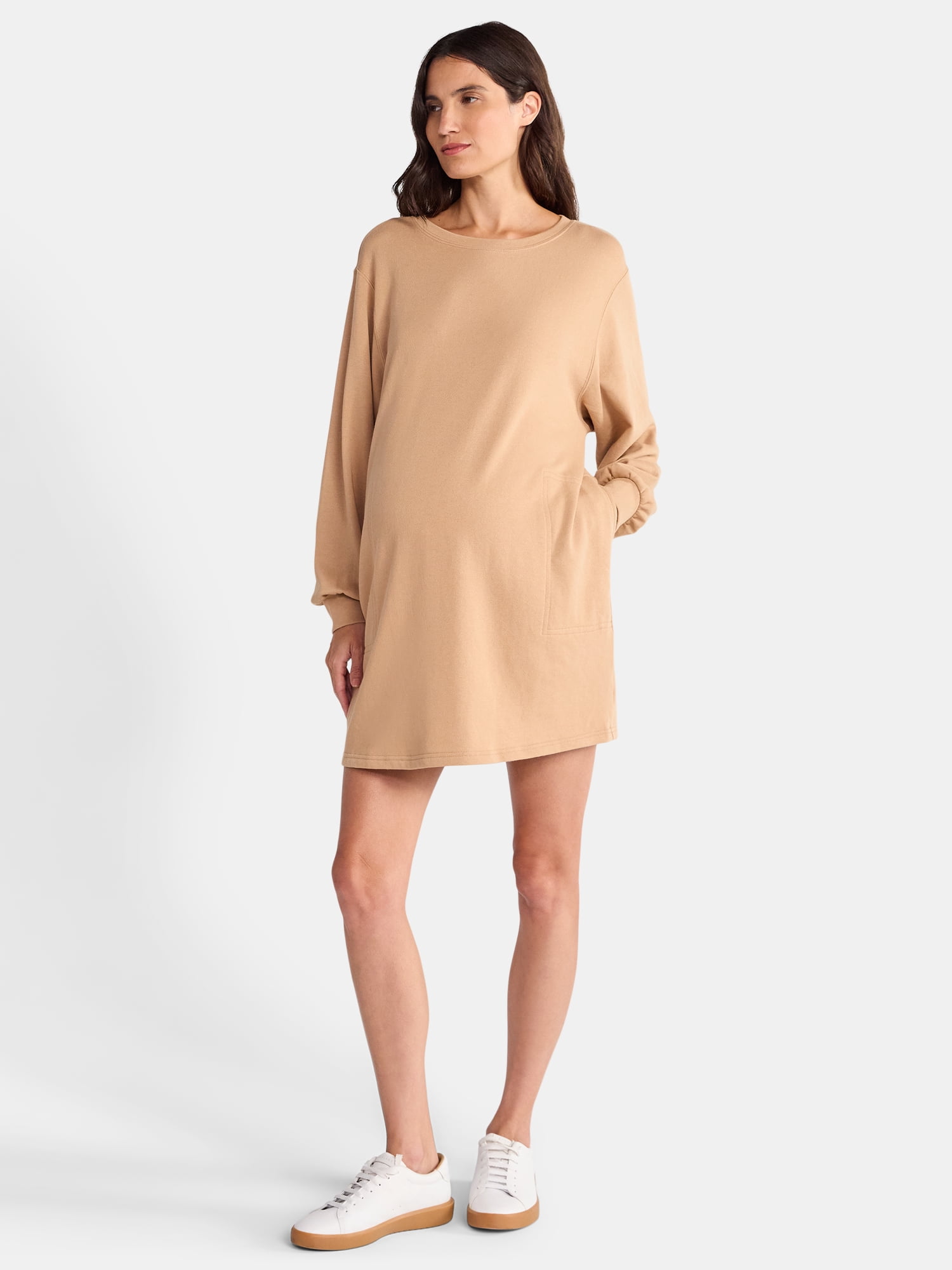 Time and Tru Women's Maternity French Terry Sweatshirt Dress with Long Sleeves, Sizes S-XXL