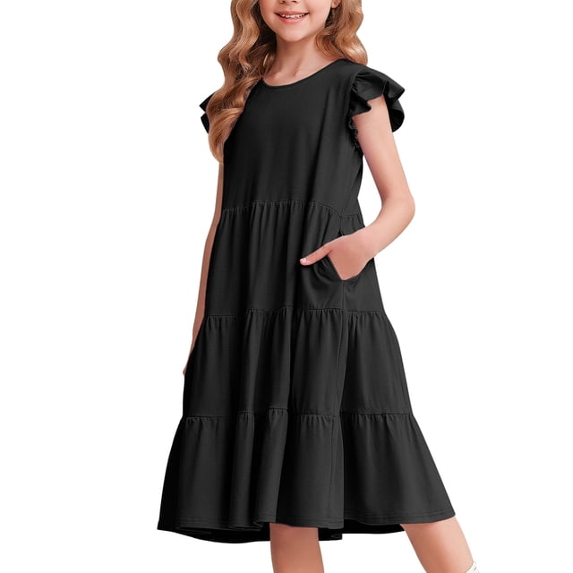 Vestido de verano Arshiner para niñas, manga con volantes, acampanado, negro fluido