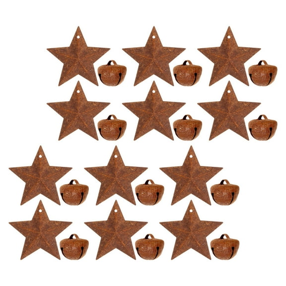 Raindrops 24pcs Vintage Rusty Bells Christmas Tree Ornaments Antique Iron Jingle Bells Rustic Metal Star Pendants for Xmas Tree Holiday Party Decorations