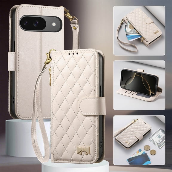 TECH CIRCLE For Google Pixel 10 / Pixel 10 Pro Flip Wallet Case with Wrist Strap, Faux Leather Protective Lightweight Cover with Stand, Card Slots, Zippered Pocket, White