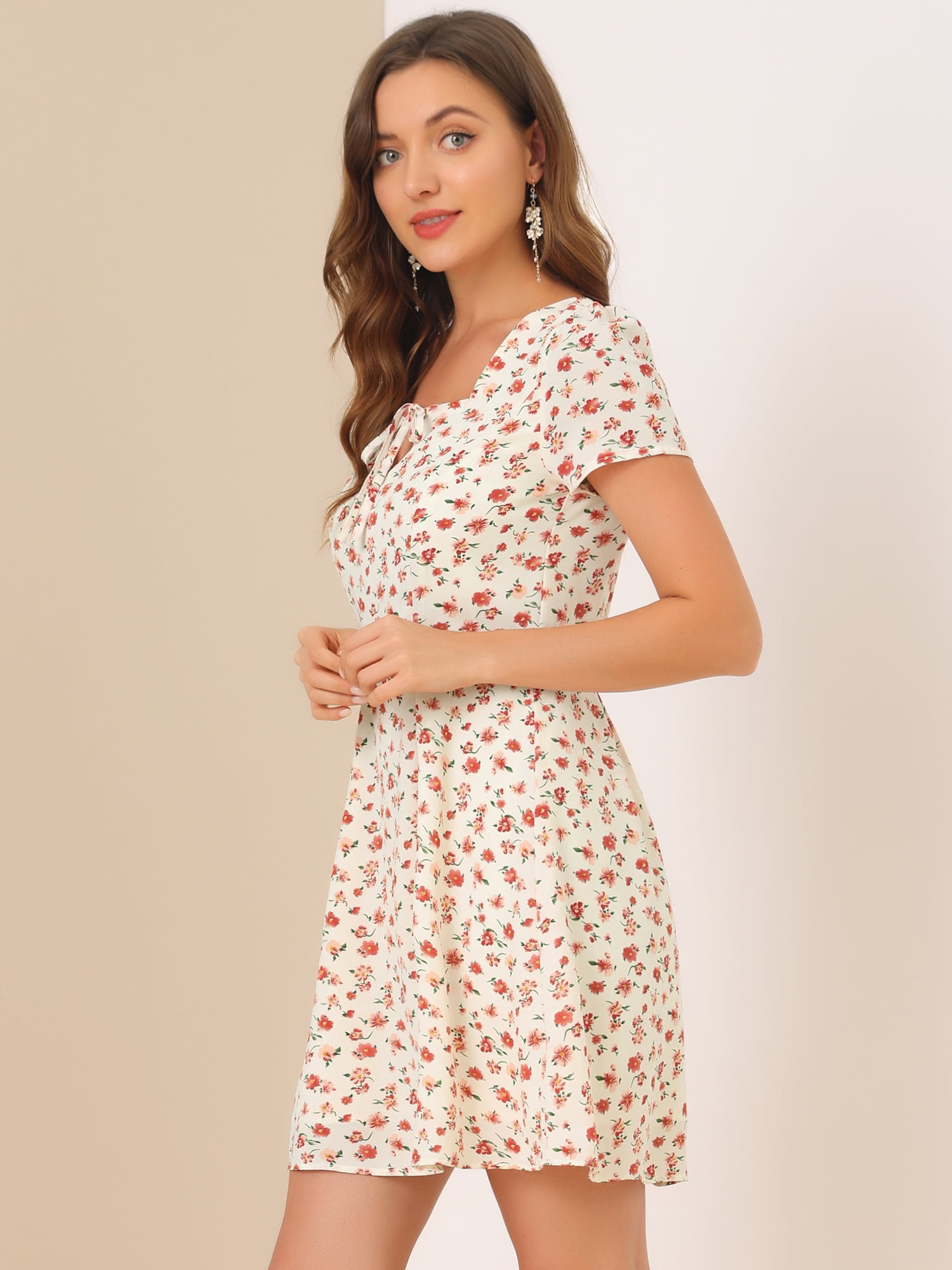 DARING DIVA Square Neck Short Sleeve Print A-Line Dress S White-Floral