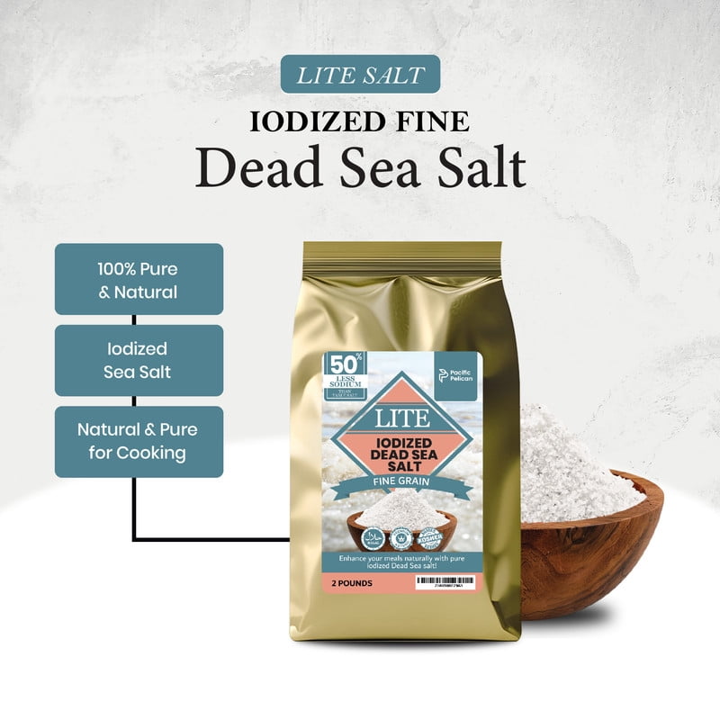 Pacific Pelican Iodized Dead Sea Lite Salt - Fine Grain | Unrefined Kosher, Natural Iodized, Low Sodium Salt for Cooking, Seasoning & Baking (2 lbs)