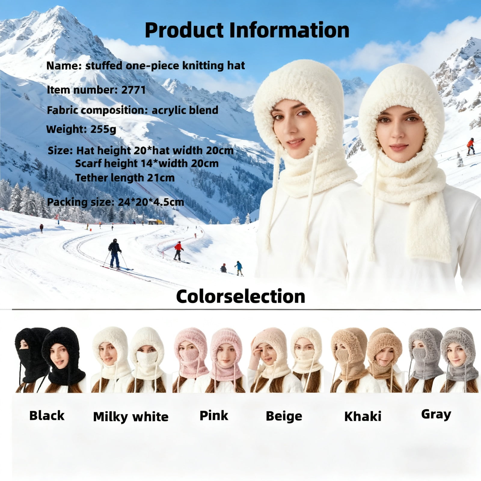 3 In 1 Beanie Hat for Women, Windproof Cold-Proof Balaclava Hat with Scarf and Mask for Snow Caps Ski