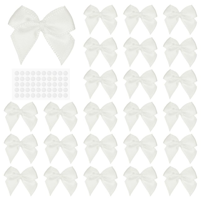 Uxcell 50Pcs Lazos Mini Pequeños Lazos de Cinta de Satén con Almohadillas Adhesivas para Manualidades Decoración de Bodas Fiestas Envoltura de Regalos Blanca