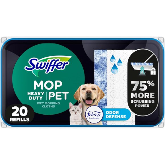 Swiffer Sweeper Wet Mop Refills for Floor Mopping and Cleaning, Pet Heavy Duty Odour Defense, All Purpose Floor Cleaning Wet Cloths, 20 Count