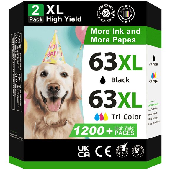 63XL Ink Cartridges Compatible for 63 Ink Cartridge for Envy 4520 4512 Officejet 3830 4650 5250 Printer (2-Pack, Black/Tri-color )