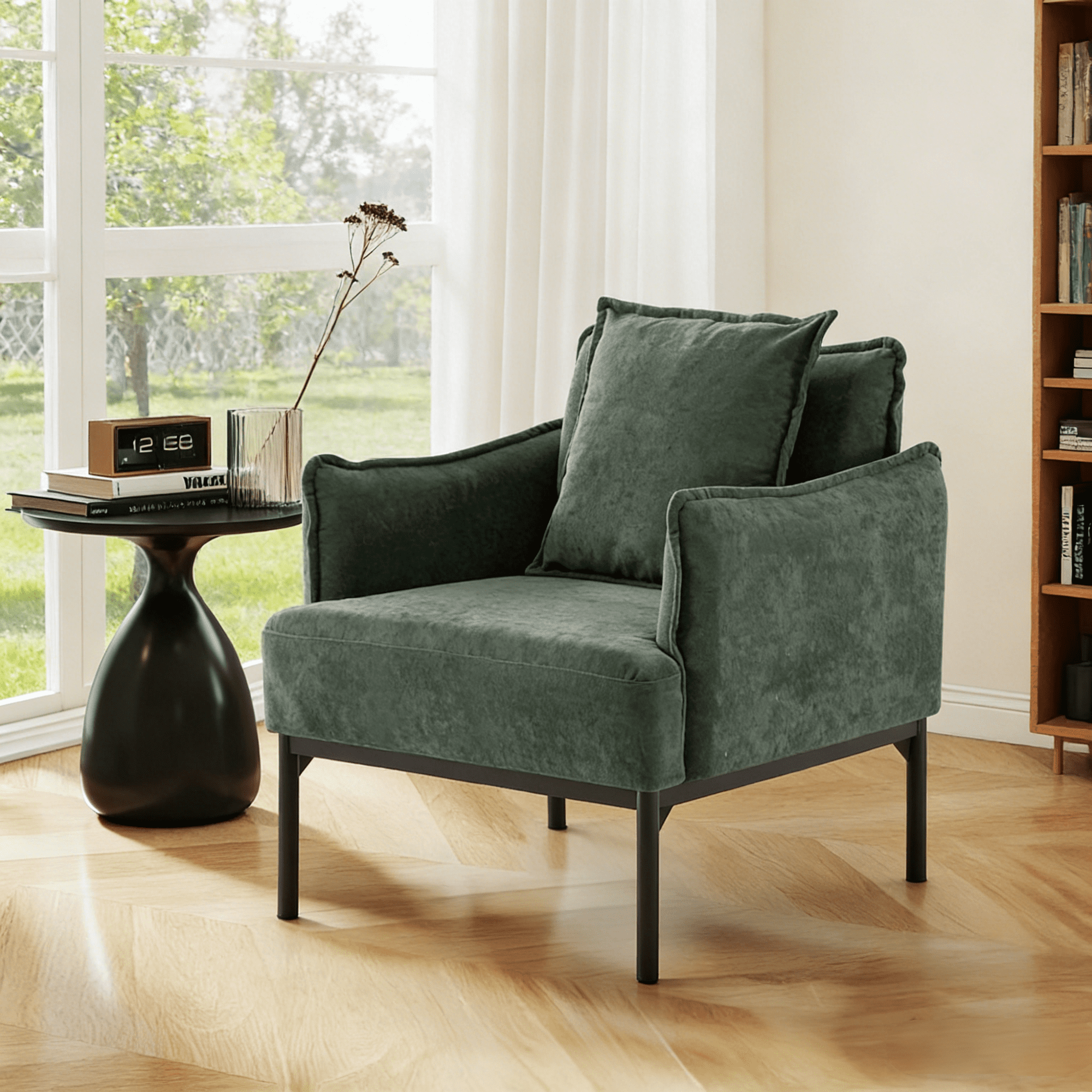 Gewnee Modern Accent Chair,32 Inch Curved Armrest Fabric Chair with Pillow,Lounge Chair for Living Room,Bedroom,Office,Green