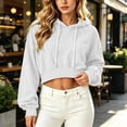 thumbnail image 2 of Women Cropped Drawstring Hooded Sweatshirt Long Sleeve Loose Pullover Crop Hoodie Casual Sport Tops for Spring Autumn Streetwear White, 2 of 6