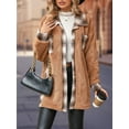 thumbnail image 4 of Women Fleece Button Down Plaid Long Coat Lapel Hooded Fleece Lined Jacket Fashion Color Block Tops Camel Color M, 4 of 8