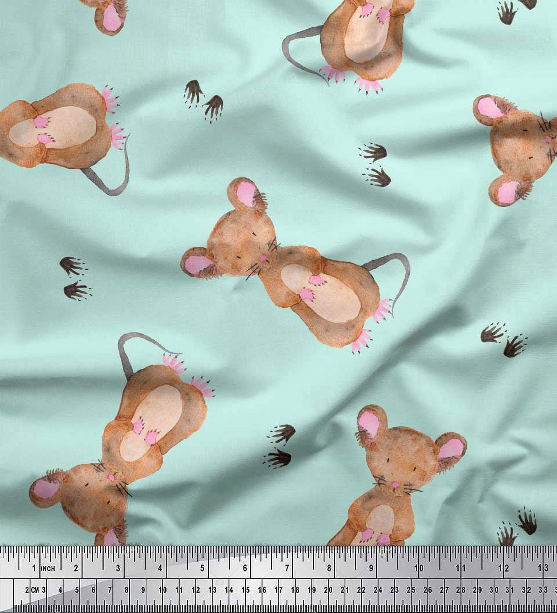 Soimoi Green Moss Georgette Fabric Footprints & Mouse Kids Printed Fabric 1 Yard 44 Inch Wide