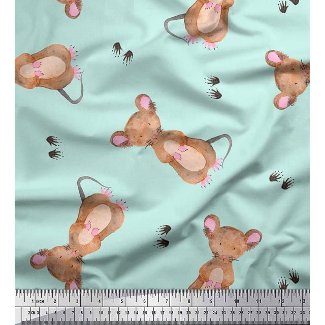 Soimoi Green Moss Georgette Fabric Footprints & Mouse Kids Printed Fabric 1 Yard 44 Inch Wide