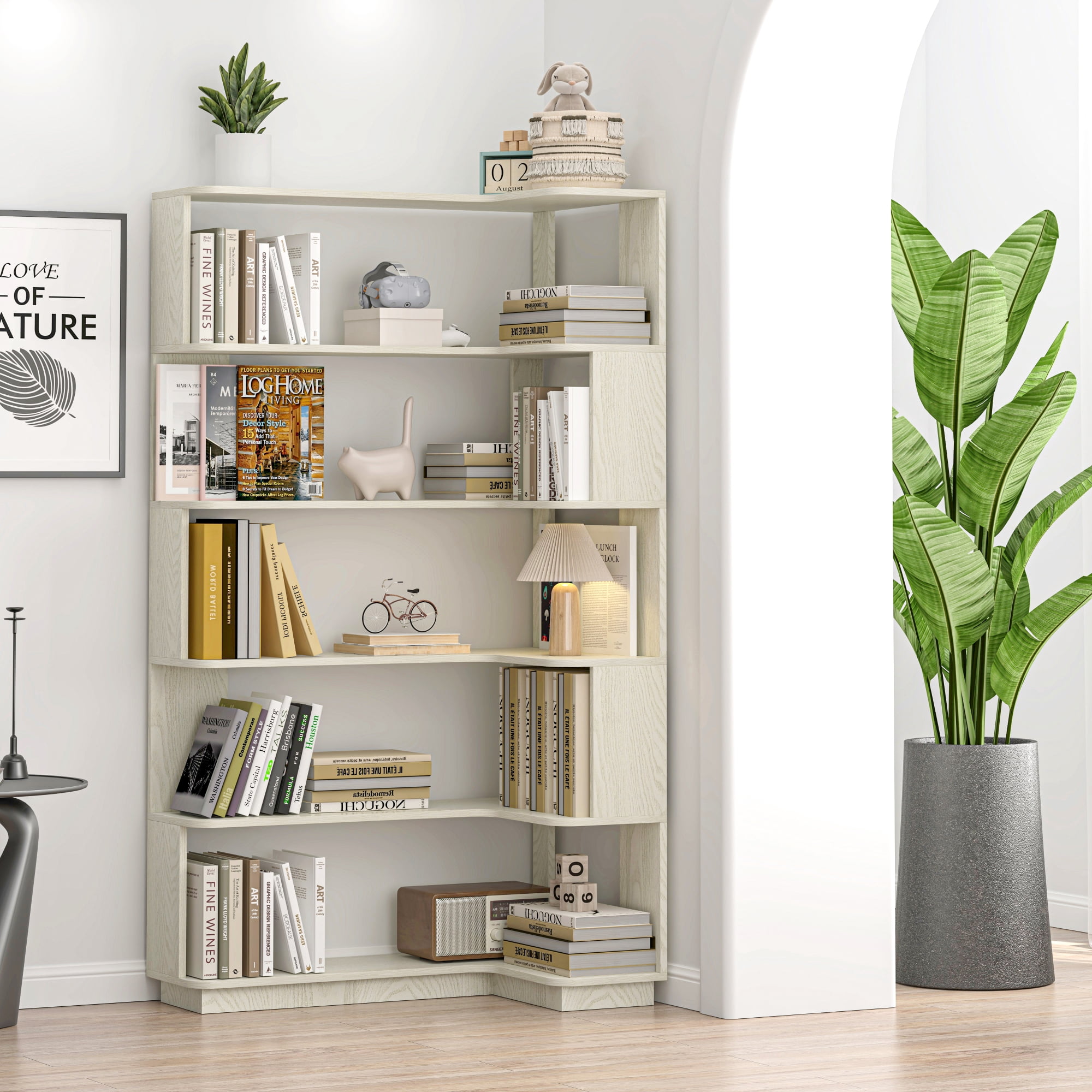 Leumius 5 Tier Freestanding Bookshelf,Wooden L-Shaped Corner Bookcase with Anti-drop Panel and Anti Tipping Device, Display shelf Open Storage,White