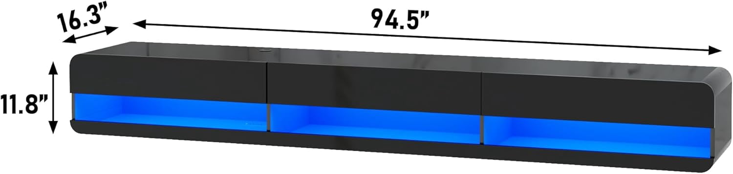 Anpoo 94.5'' Modern Floating TV Stand for TVs up to 100'' TV, LED High Gloss Entertainment Center with Storage & Power Outlet, TV Console with 20 Color Changing Lights for Living Room Bedroom, Black