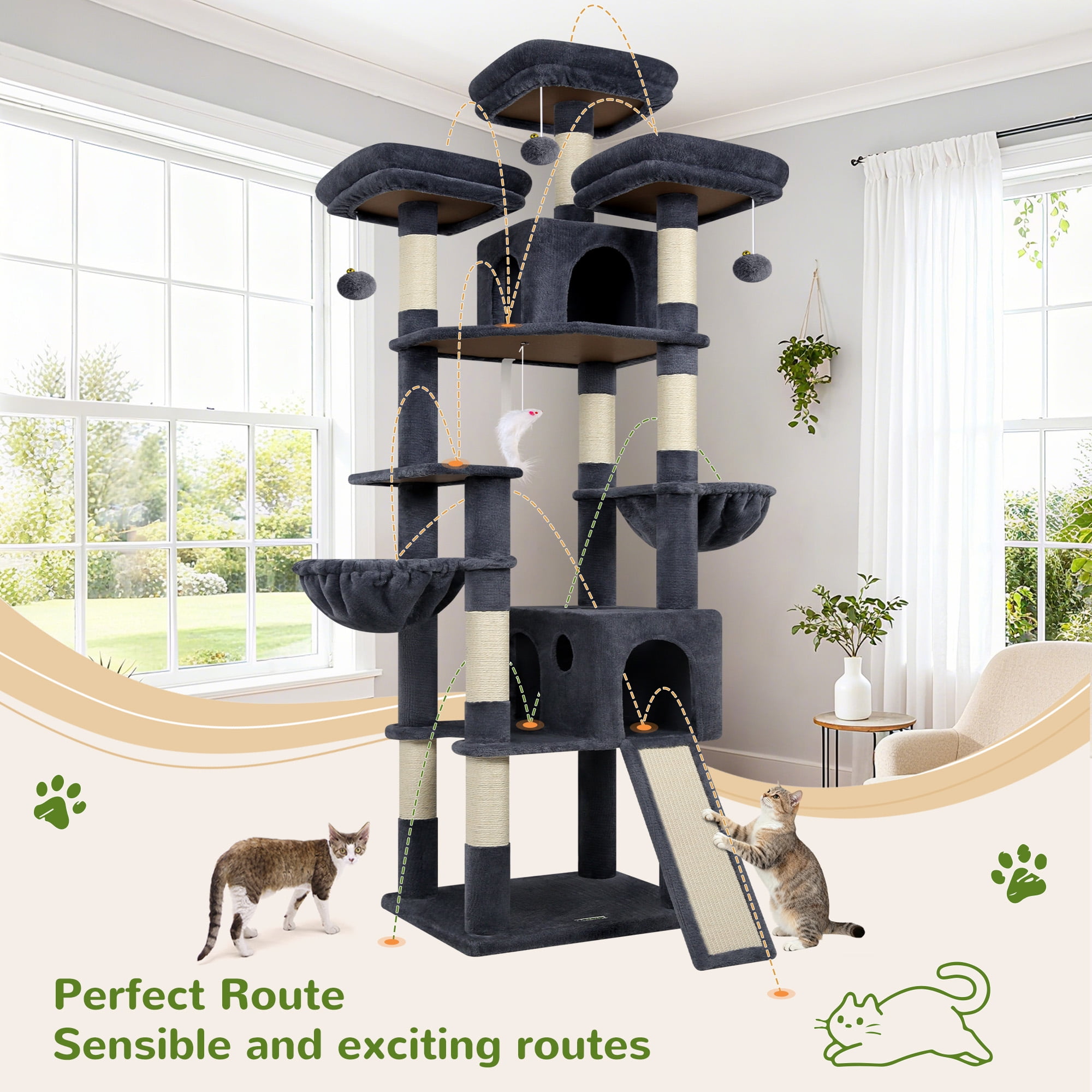 Globlazer 83'' Multi-Level Large Cat Tree Tower for Indoor Cats with Sisal Scratching Post, Hammock & 2 Condos, Dark Gray