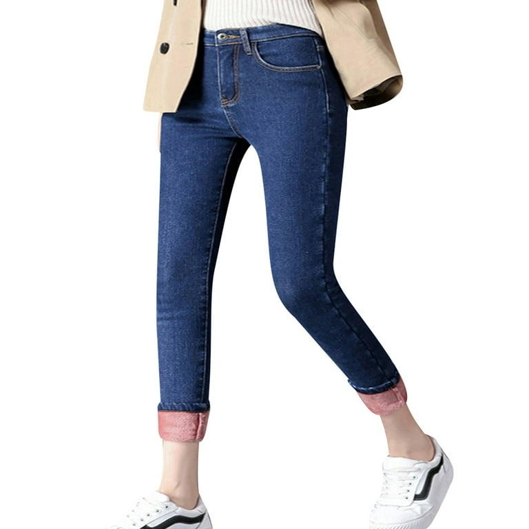 Listenwind Womens Warm Fleece Lined Jeans Stretch Skinny Winter Thick  Jeggings Denim Long Pants Blue Pink