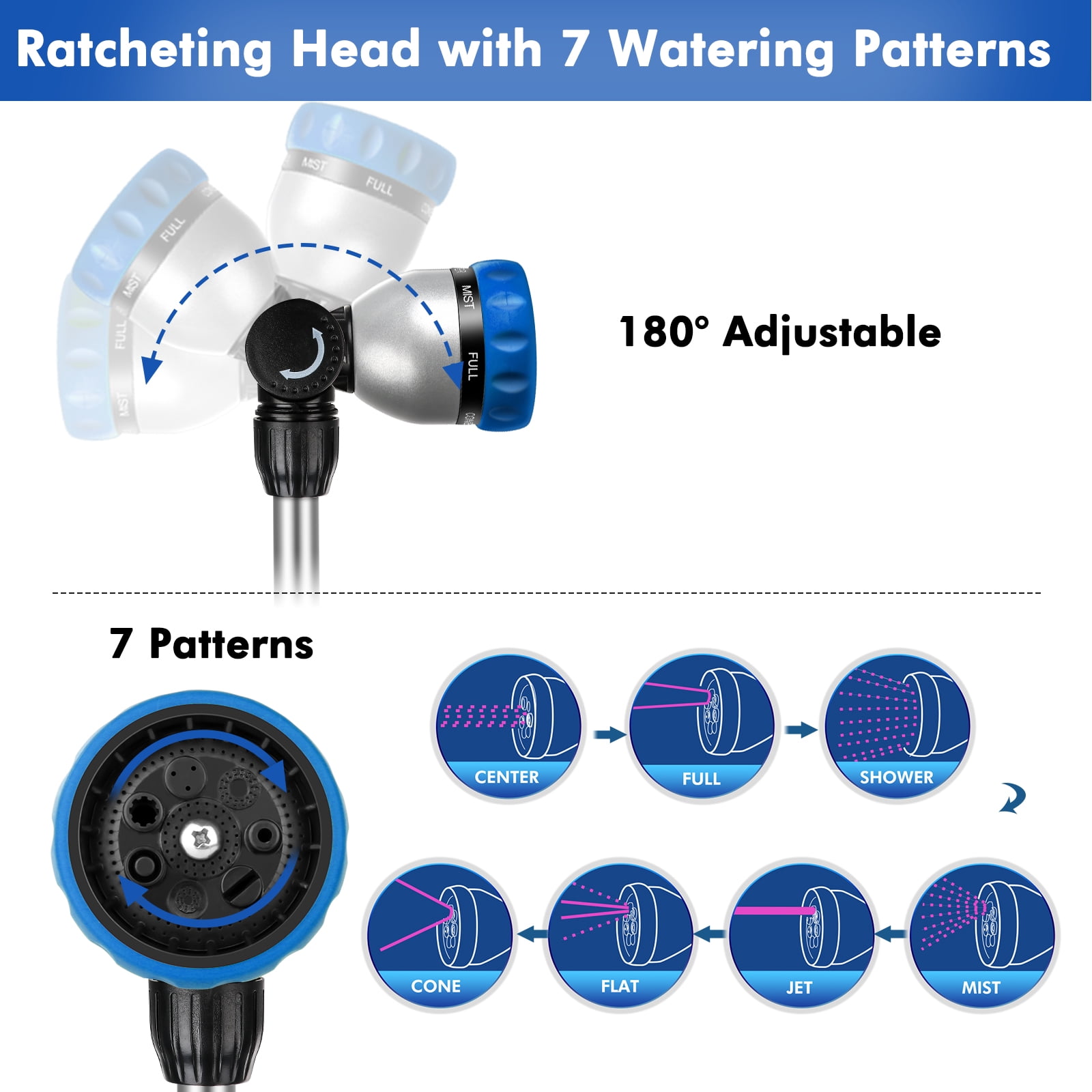 Restmo Telescopic Metal Watering Wand, 36-60 Inch Long Adjustable Tube with 180° Ratcheting Head, 7 Spray Patterns and Flow Control | Garden Hose Sprayer for Hanging Baskets, Shrubs, Lawn, Blue