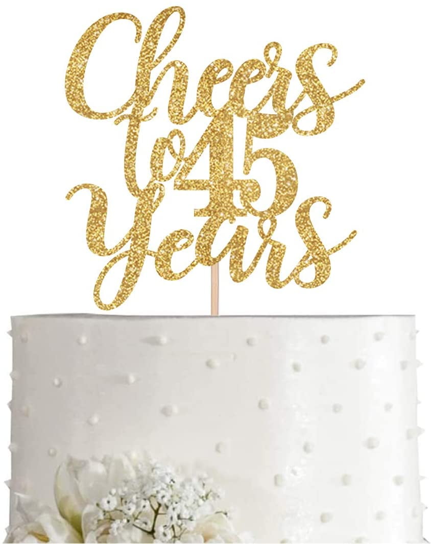 Gold Glitter Cheers to 45 years cake topper, Gold Happy