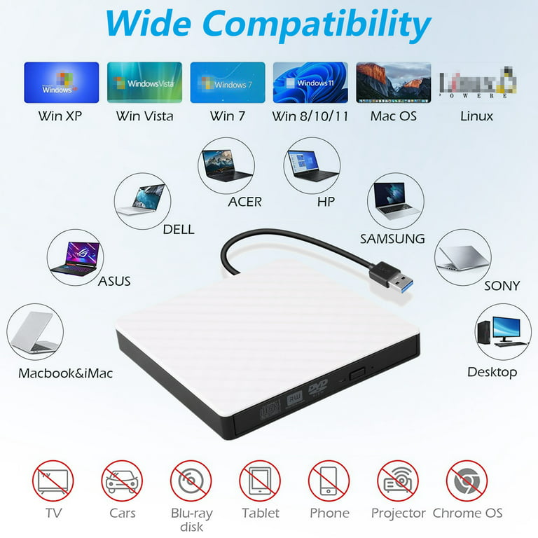 Pop-Up Portable USB 3.0 External DVD CD Burner Optical Drive for Acer  Aspire E15 E