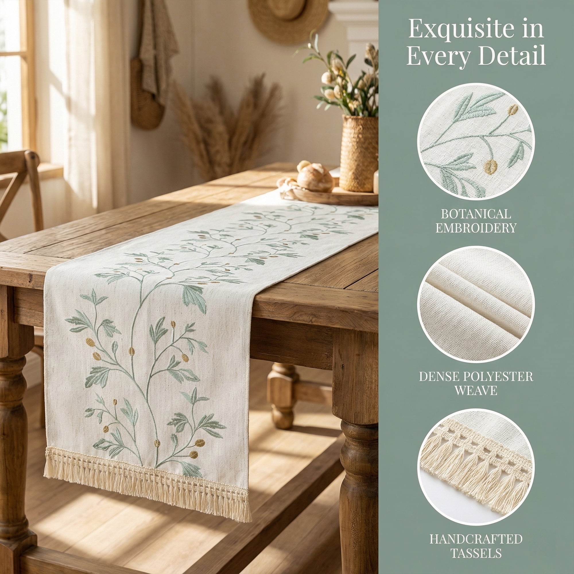 Unique Bargains Long Washable Floral Table Runner for Dining Decor Green 15.4"x63"