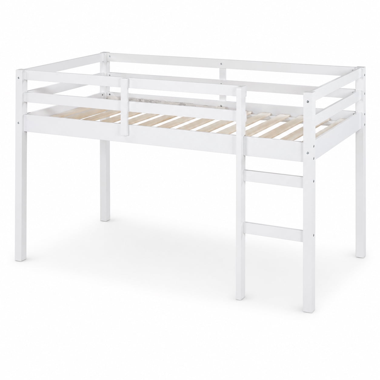 Miniyam Twin Loft Bed for Kids, Solid Wood Frame with Ladder and Guardrails, Space-Saving Design, White