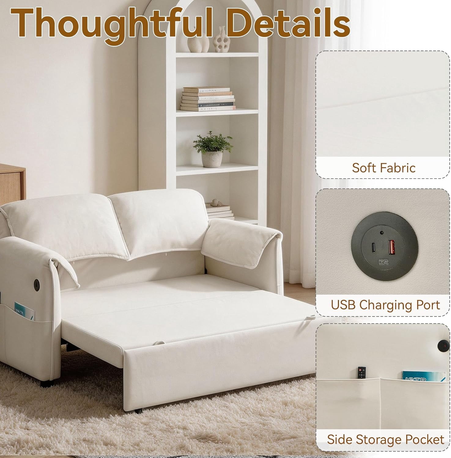 63" Velvet Pull Out Couch, 3-in-1 Convertible Sleeper Sofa Bed with Adjustable Backrest, USB Charging Ports, Side Pockets, Modern Loveseat for Living Room, Bedroom, Apartment, Beige
