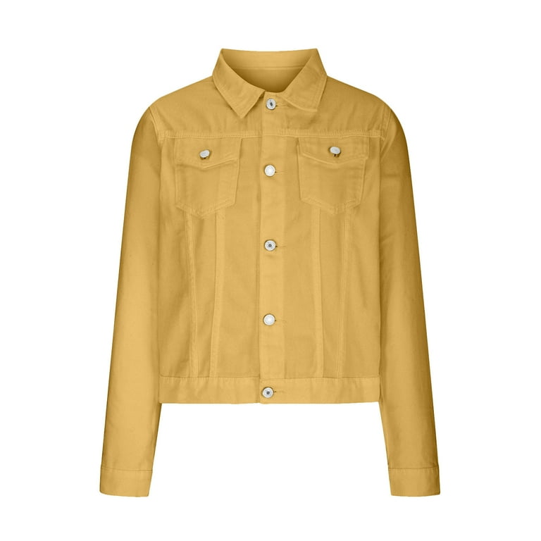 XFLWAM Denim Jacket for Women 2023 Distressed Jean Jackets Button Up Vintage Western Trucker Jacket Frayed Hem Pockets Yellow S Walmart